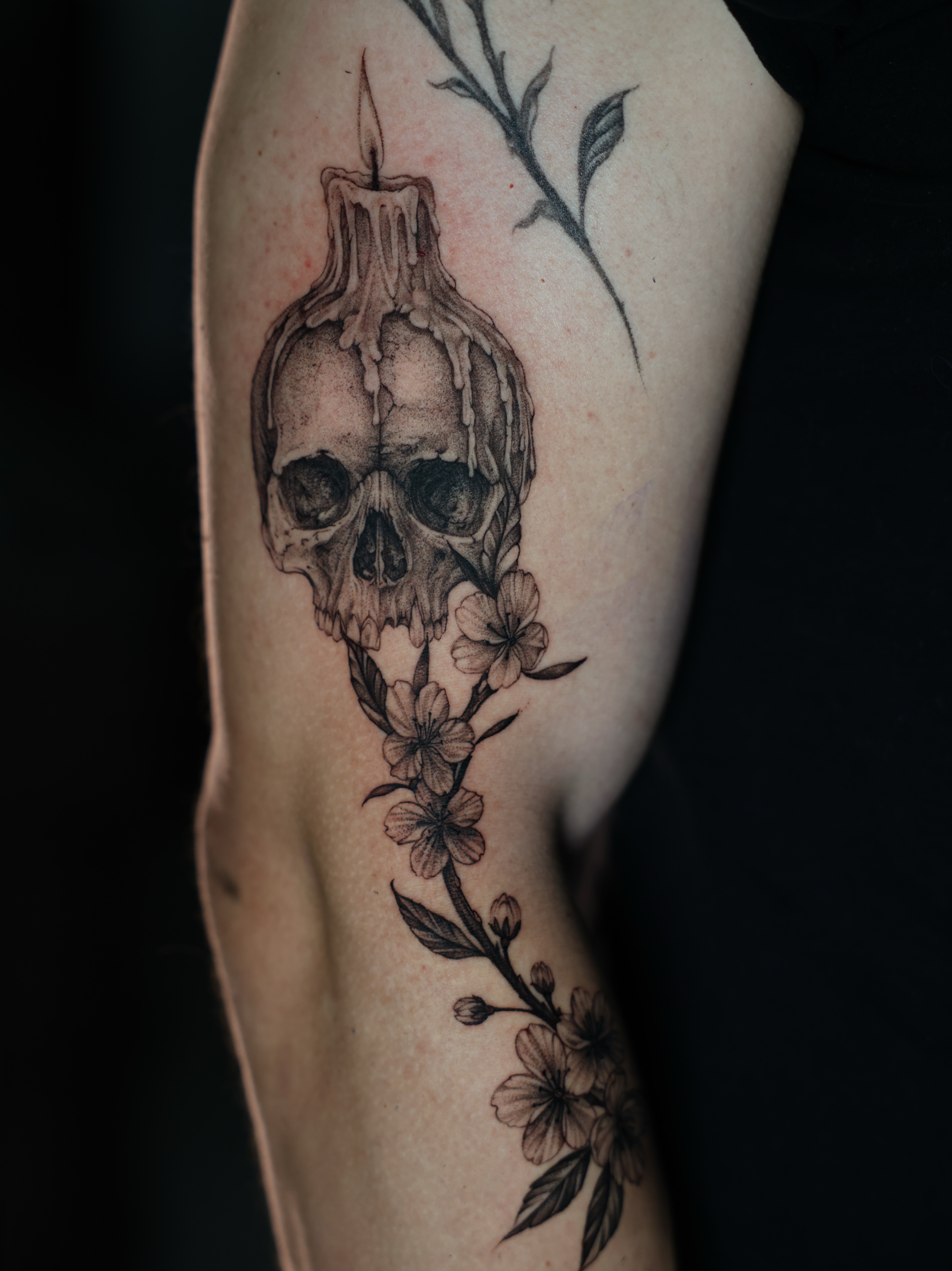Skull and cherry blossoms realism tattoo on the forearm by Tiny