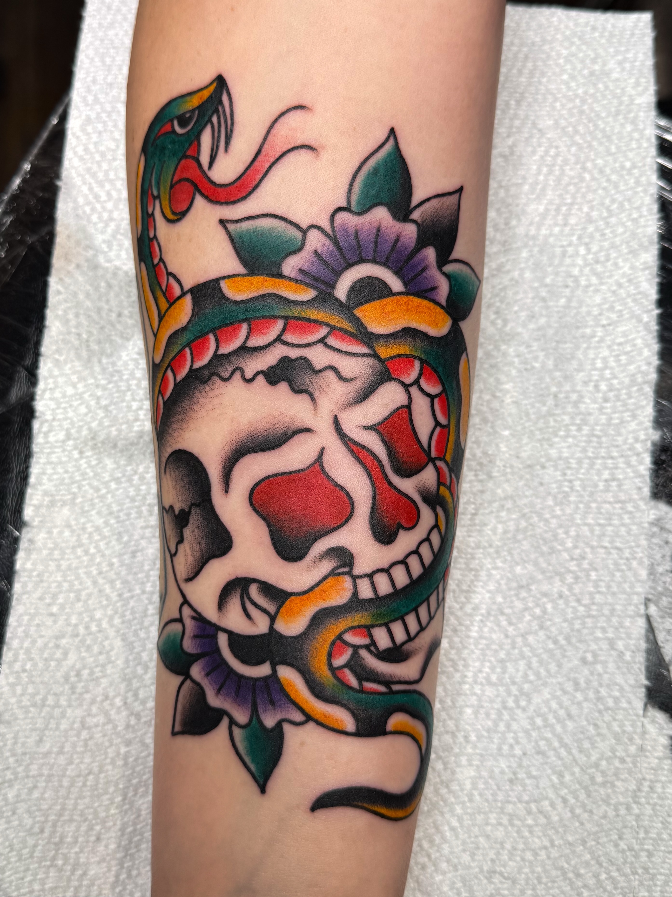 Skull with snake American traditional tattoo on the forearm by ๐ฉ๐ฌ๐ค๐๐ซ ๐ฐ๐ฆ๐ค๐ฅ๐ฑ
