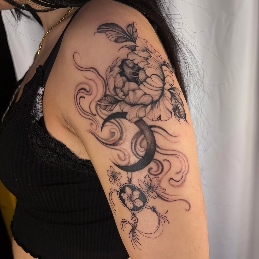 Peony, moon, and charm fine line tattoo on the shoulder by ꩜ 𖦹