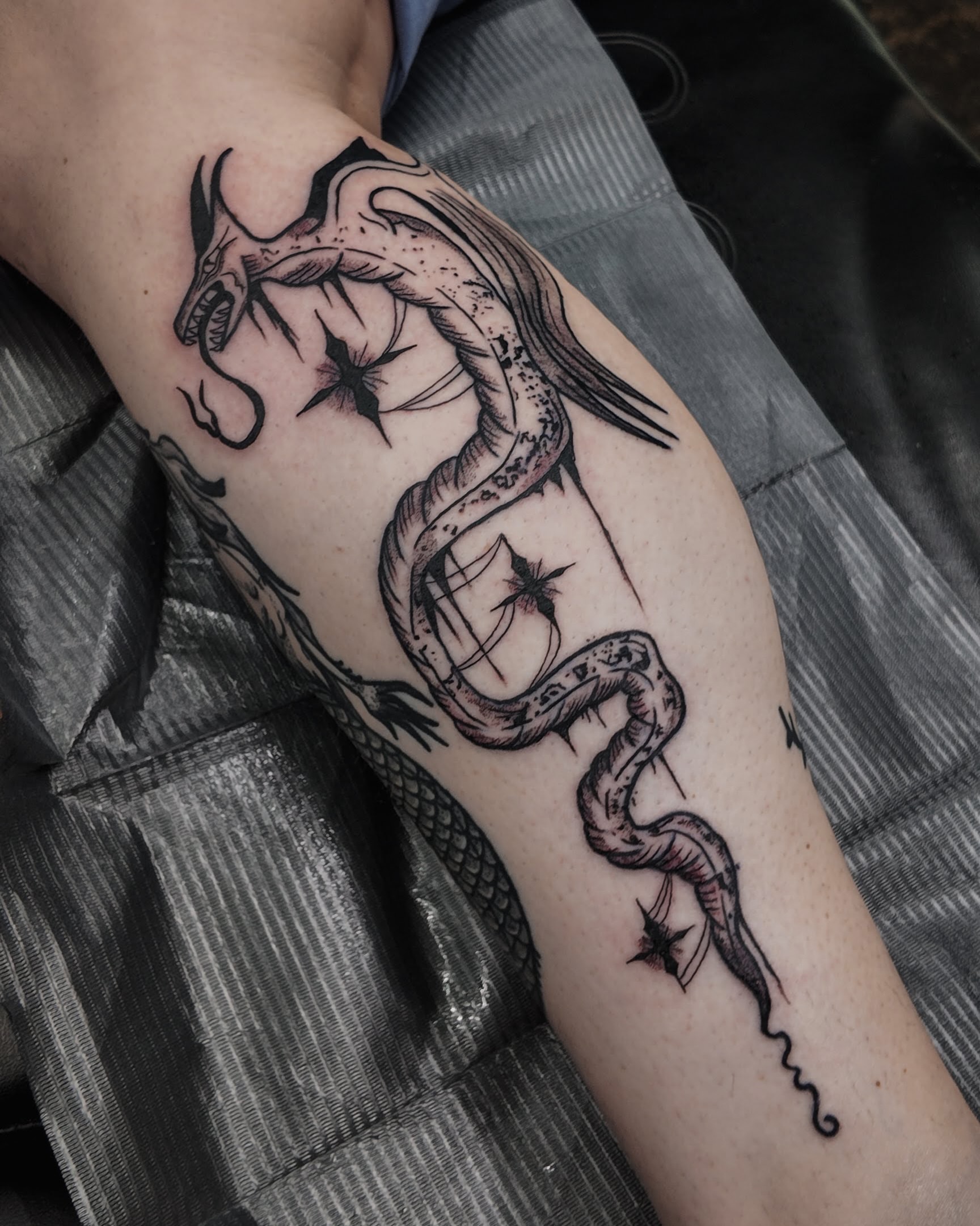 Serpent black and grey tattoo on the forearm by Morgan Diann