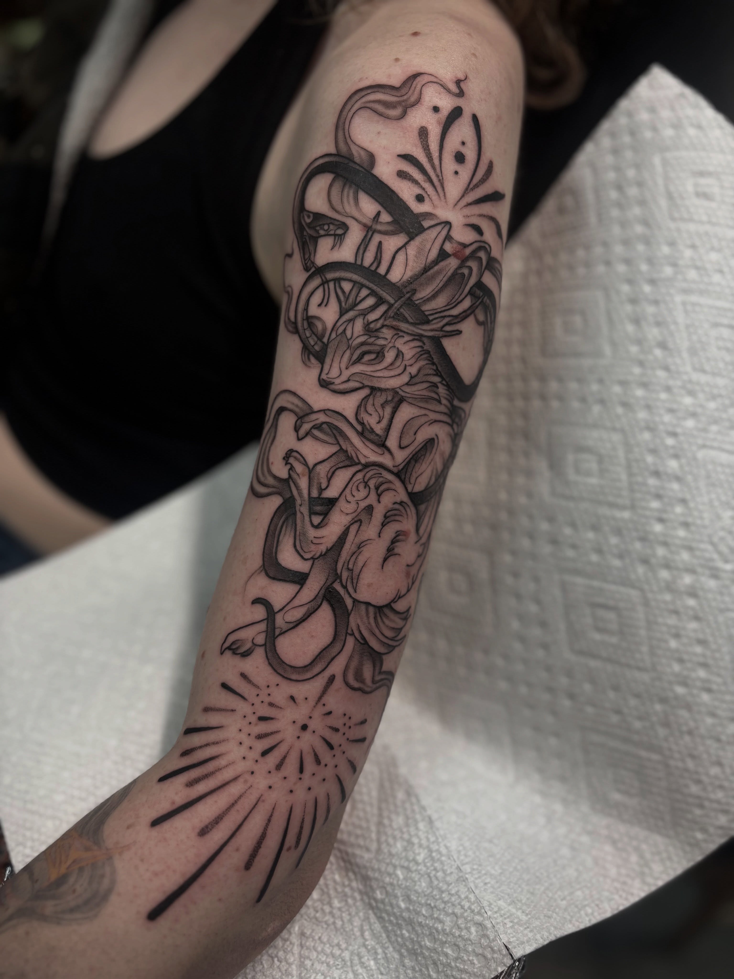 Tattoo by @genevieveink — black_and_grey, dotwork