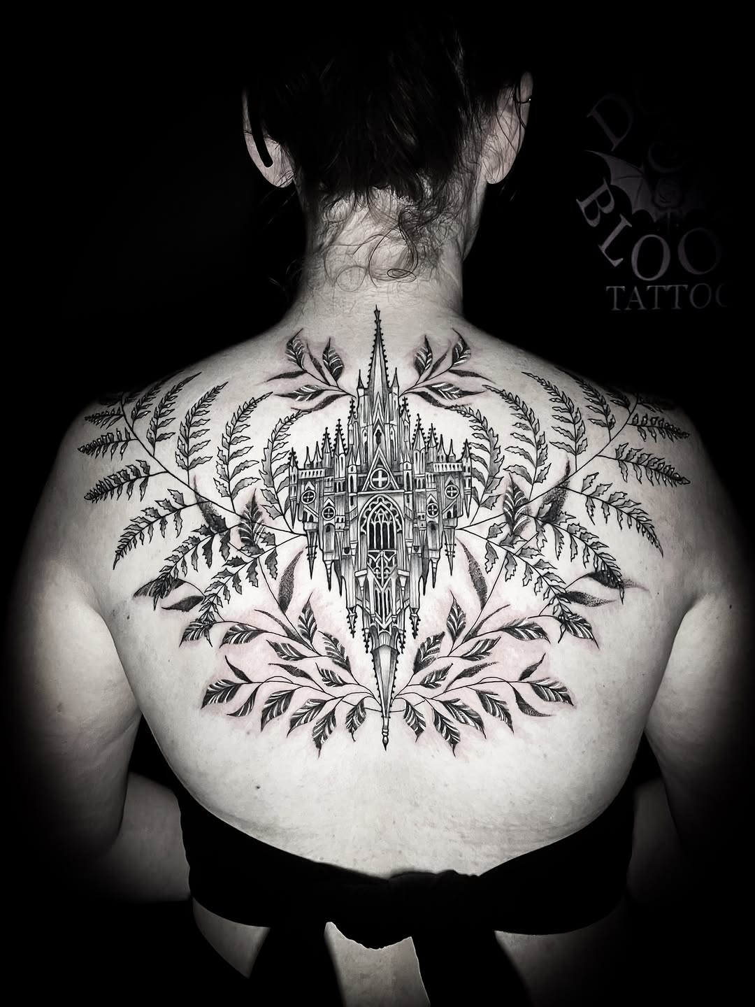 Gothic cathedral with foliage dark art tattoo on the back by Lindsay Fernandez, Colorado Springs, Colorado