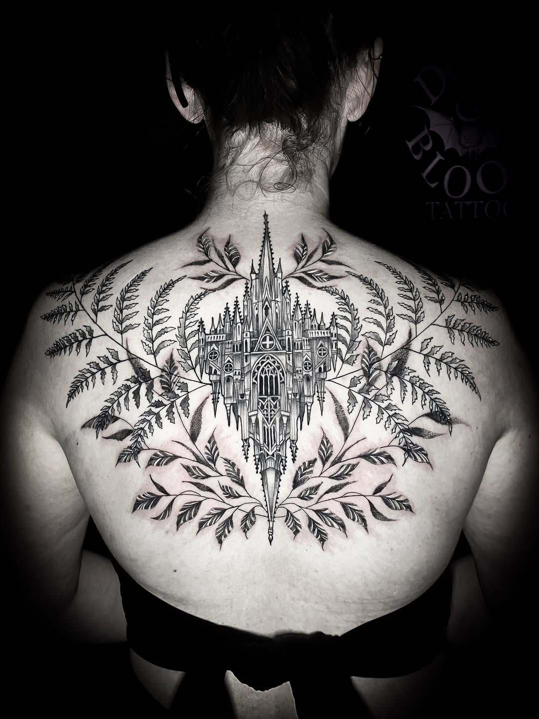 Gothic cathedral with ferns dark art tattoo on the back by Lindsay Fernandez, Colorado Springs, Colorado