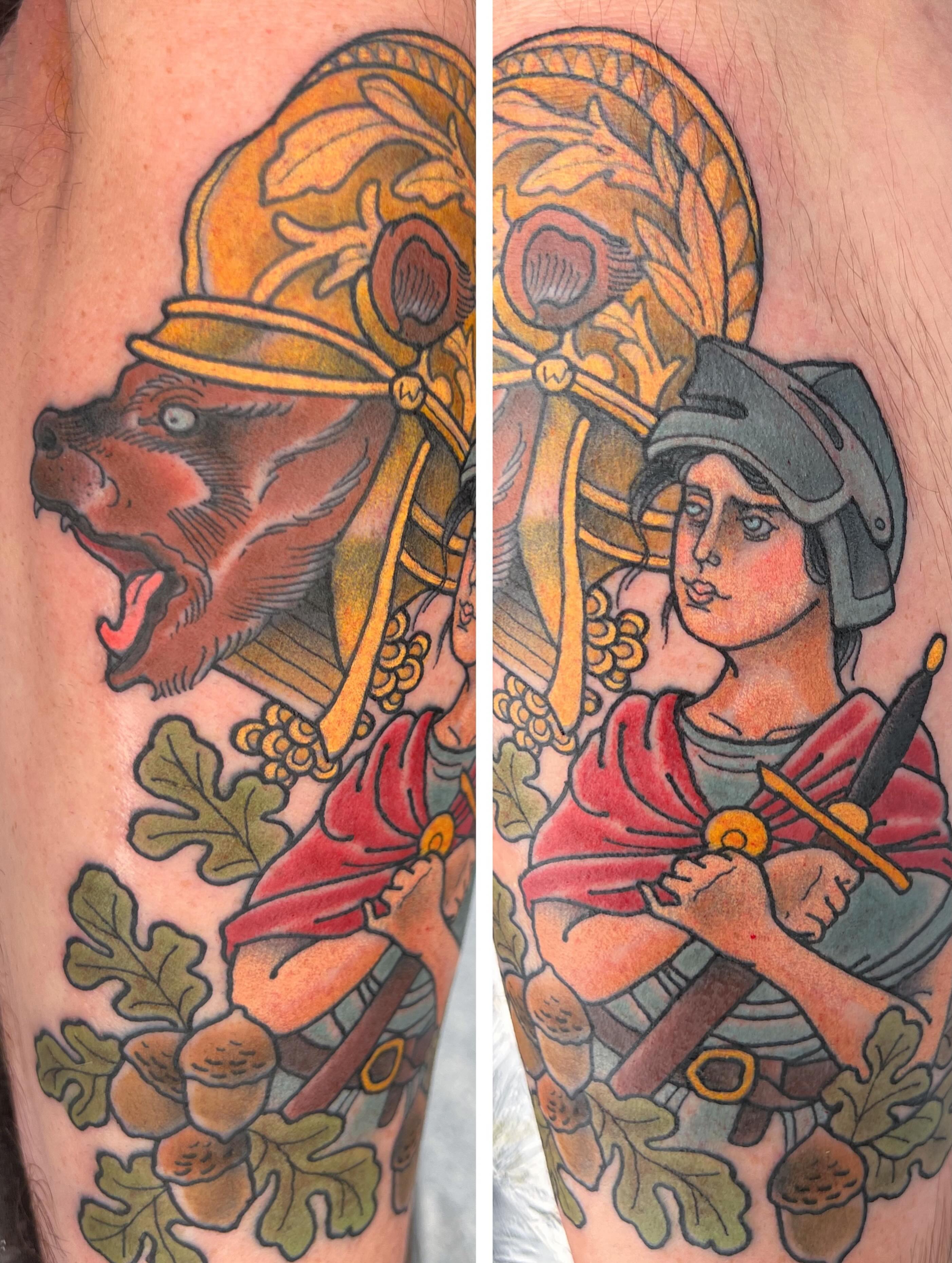 Roman soldier and bear helmet neo-traditional tattoo on the forearm by Troy David Souders