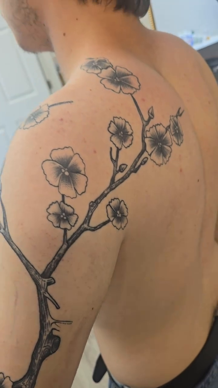 Cherry blossom branch tattoo fine line tattoo on the upper arm by Captain Michael Devious