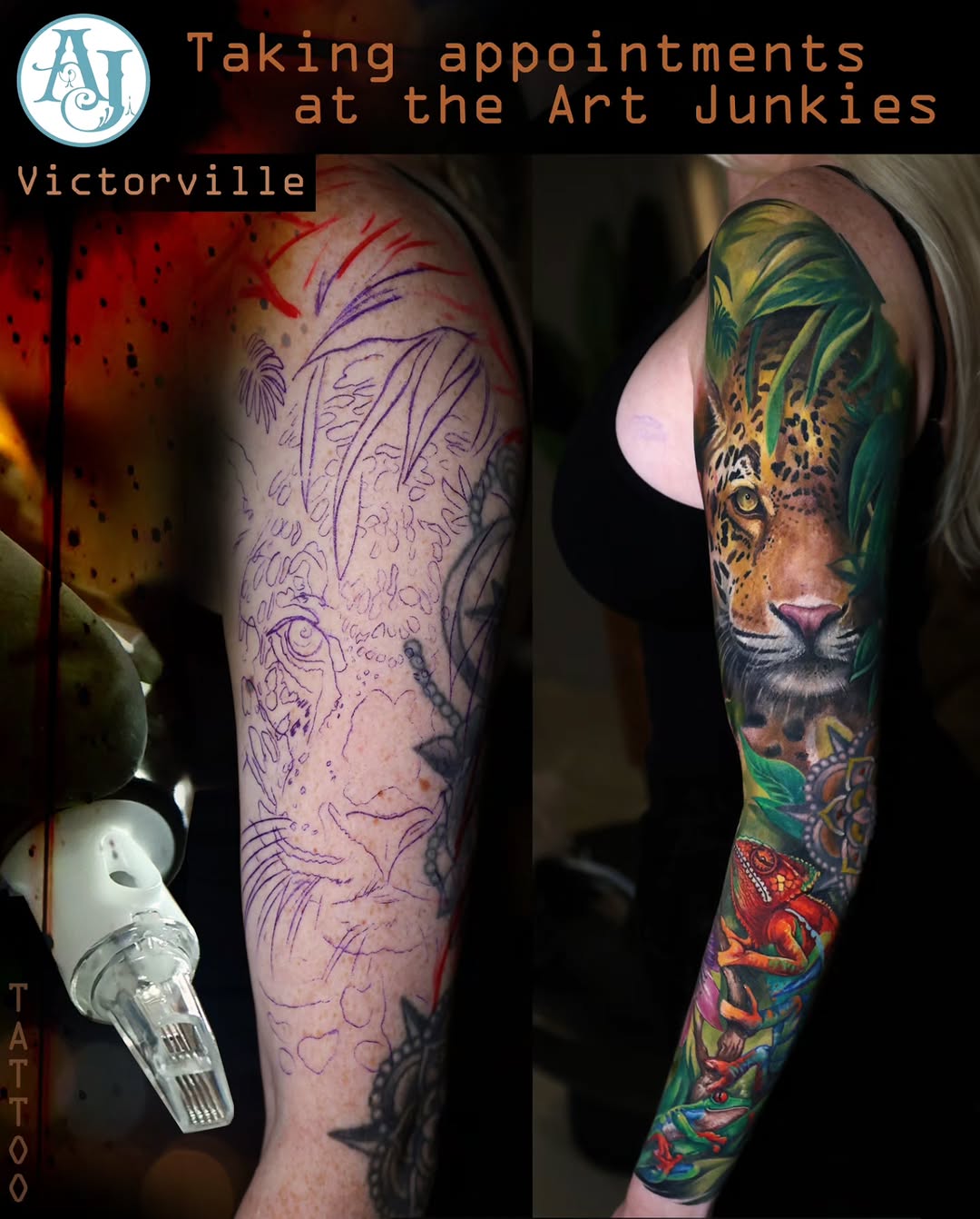 Leopard and chameleons in jungle tattoo on the forearm by Marek Pawlik