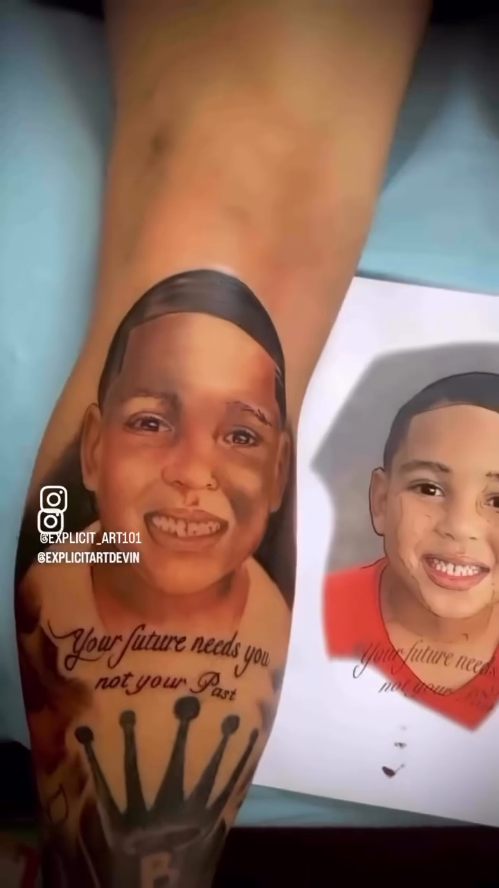 Portrait of a child realism tattoo by Devin Johnson, Forest Park, Georgia