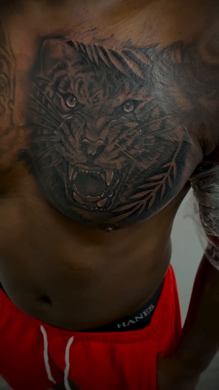 Tiger face with a woman's face realism tattoo by Devin Johnson, Forest Park, Georgia