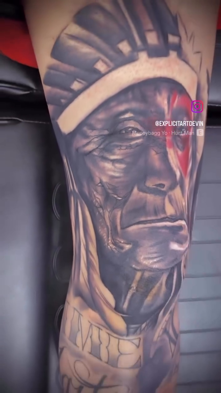 Native American portrait on leg realism tattoo by Devin Johnson, Forest Park, Georgia