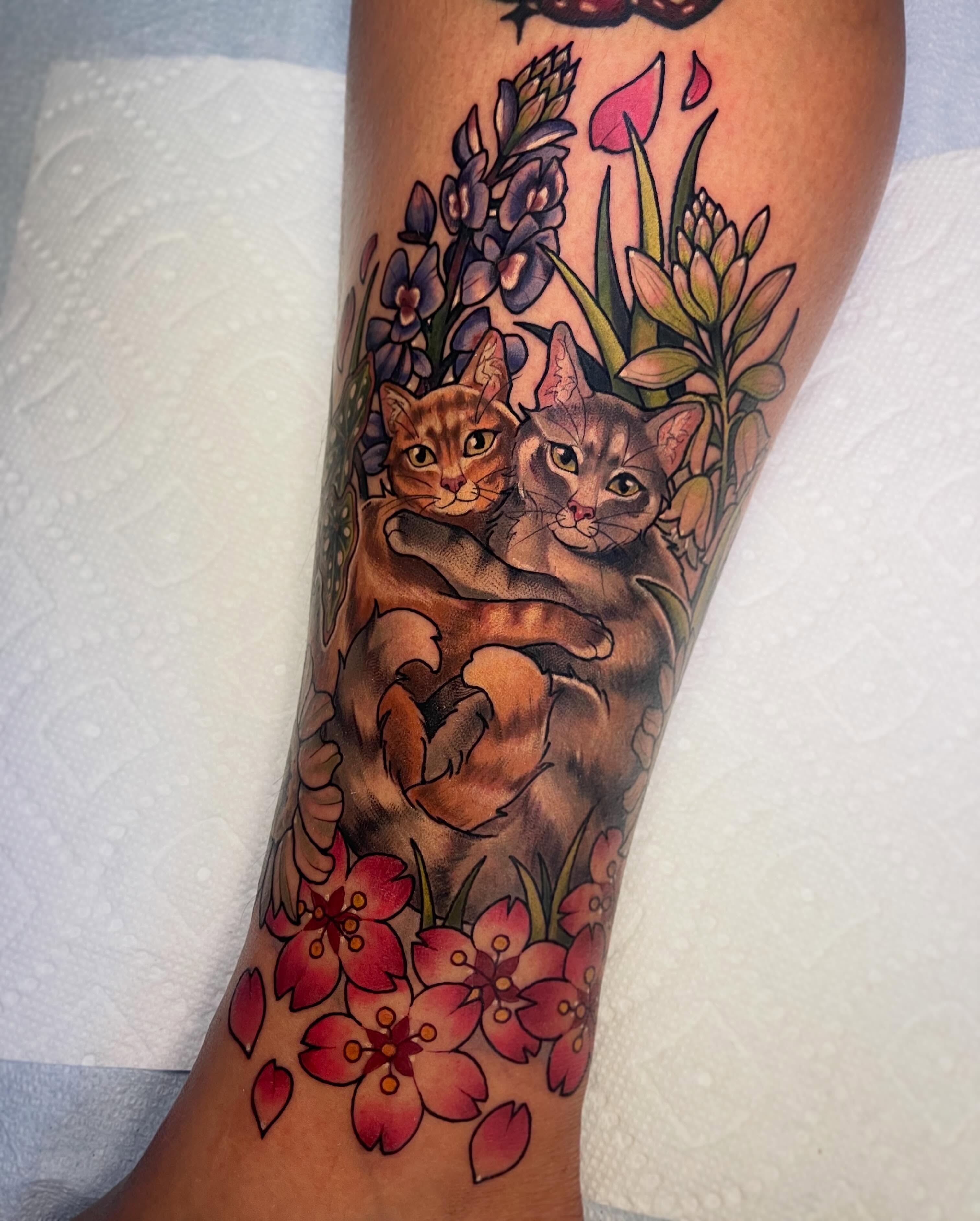 Cats and flowers realism tattoo on the forearm by 🌿Izzy🌿