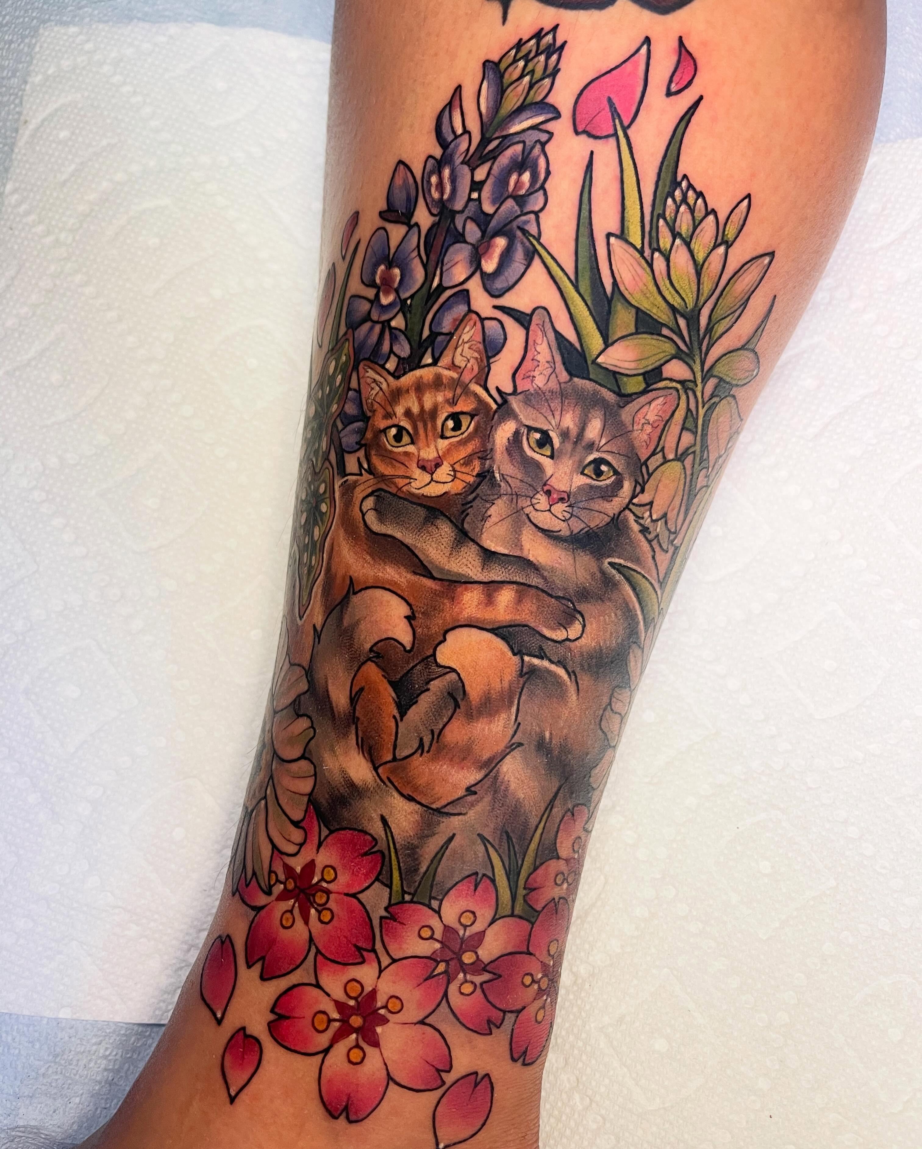 Cats and flowers realism tattoo on the forearm by 🌿Izzy🌿