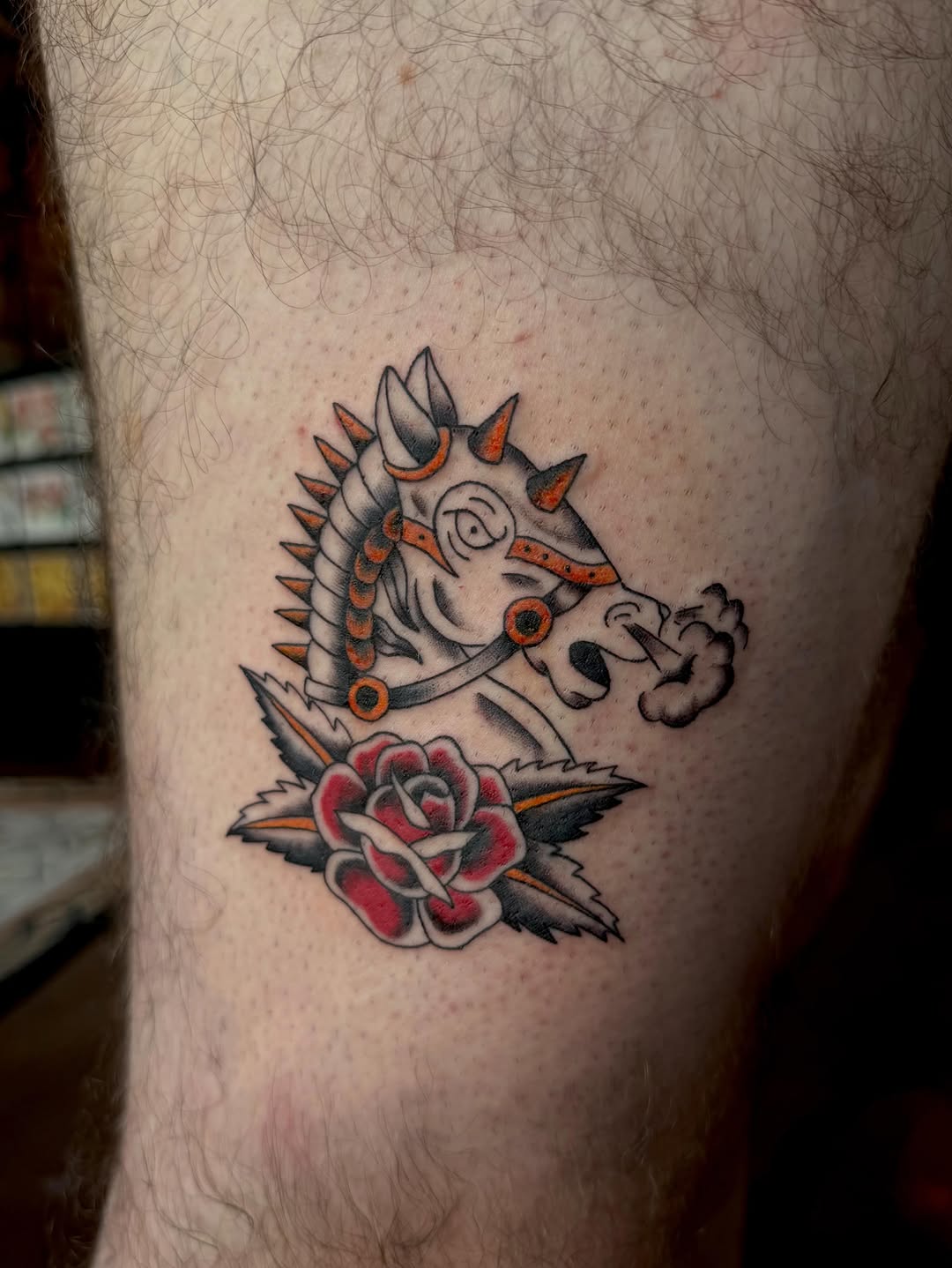 Horse head and rose American traditional tattoo on the thigh by Alaska ⚜️
