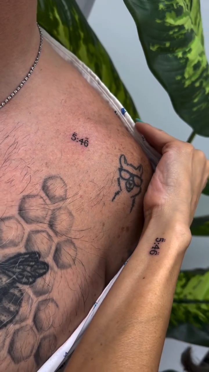 Bee and honeycomb tattoo minimalist tattoo on the chest by Lina Valentina, New York, New York