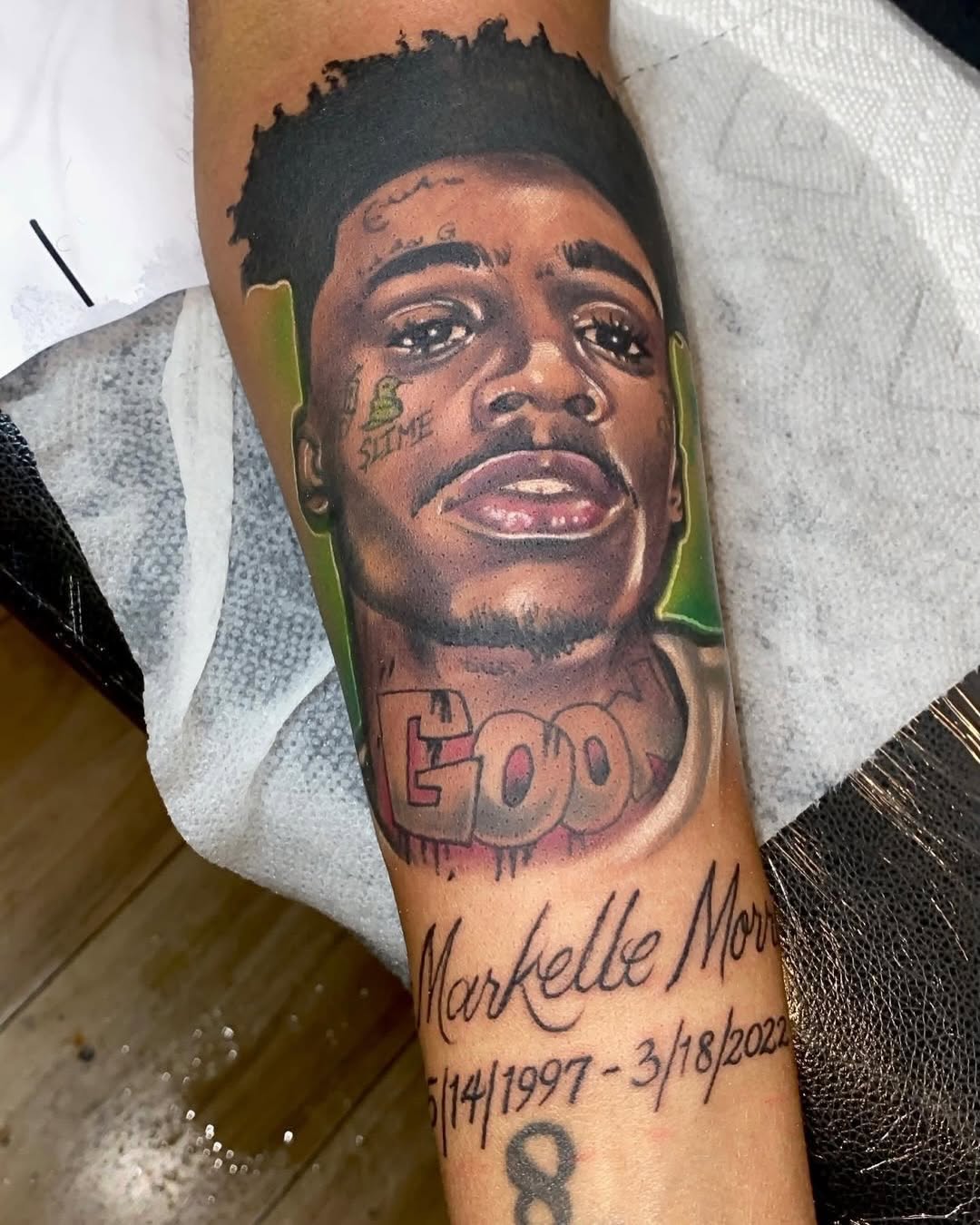 Portrait with name and dates realism tattoo on the forearm by Inkby_larry