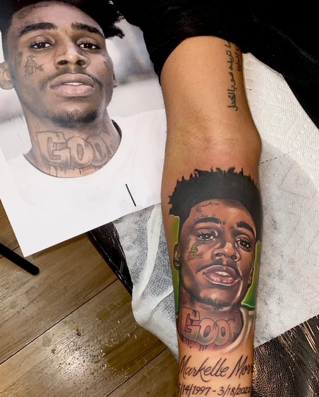 Portrait of Markelle More with text realism tattoo on the forearm by Inkby_larry