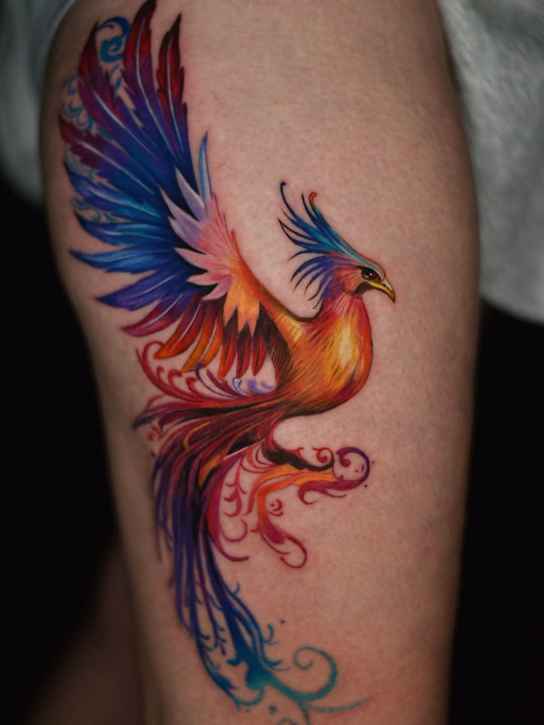 Phoenix bird realism tattoo on the forearm by Jules, Arlington, Texas