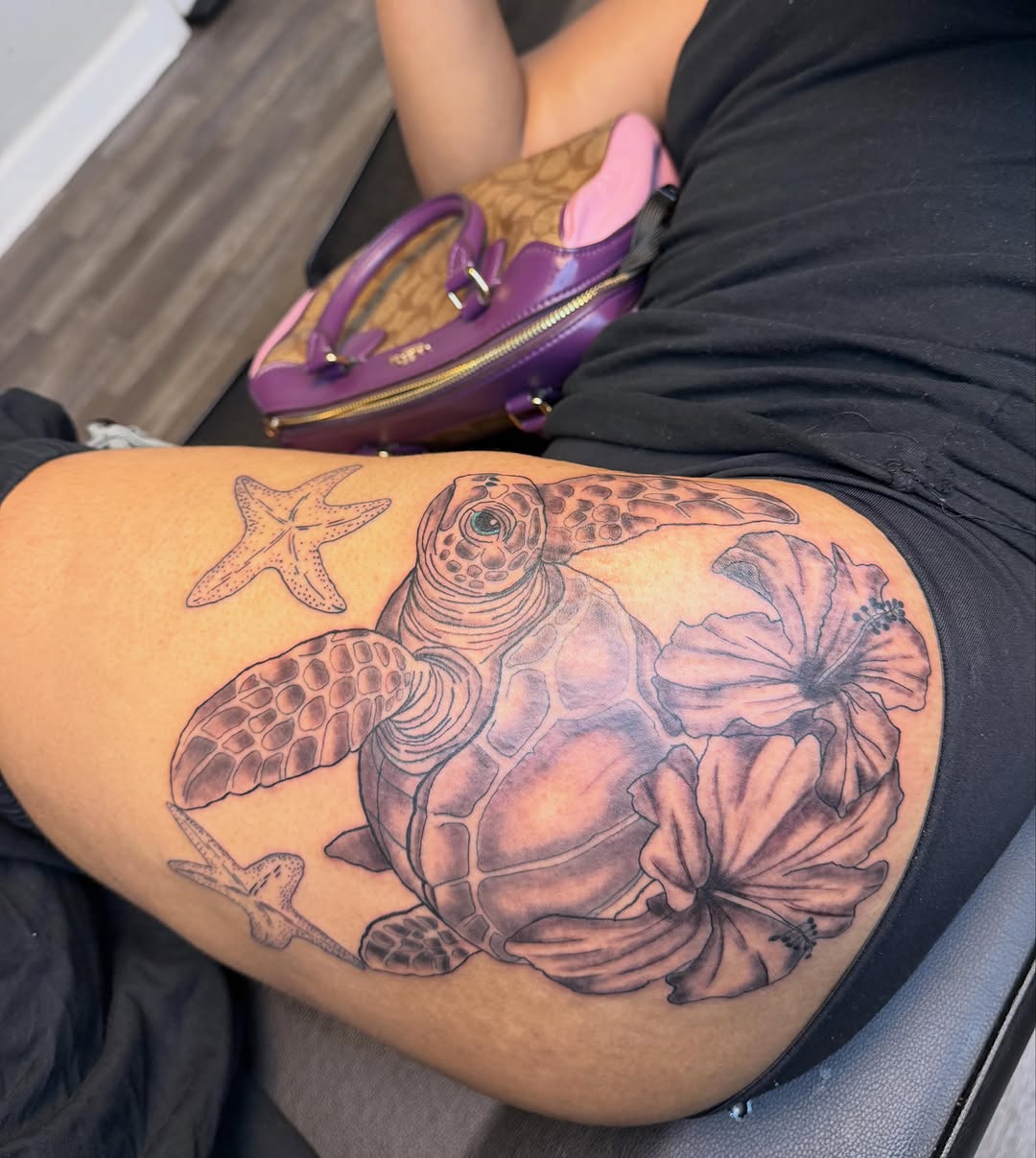 Fine line tattoo on the thigh by XoXandrea.Ink, Kansas City, Missouri