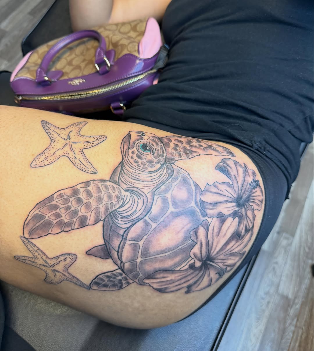 Fine line tattoo on the thigh by XoXandrea.Ink, Kansas City, Missouri
