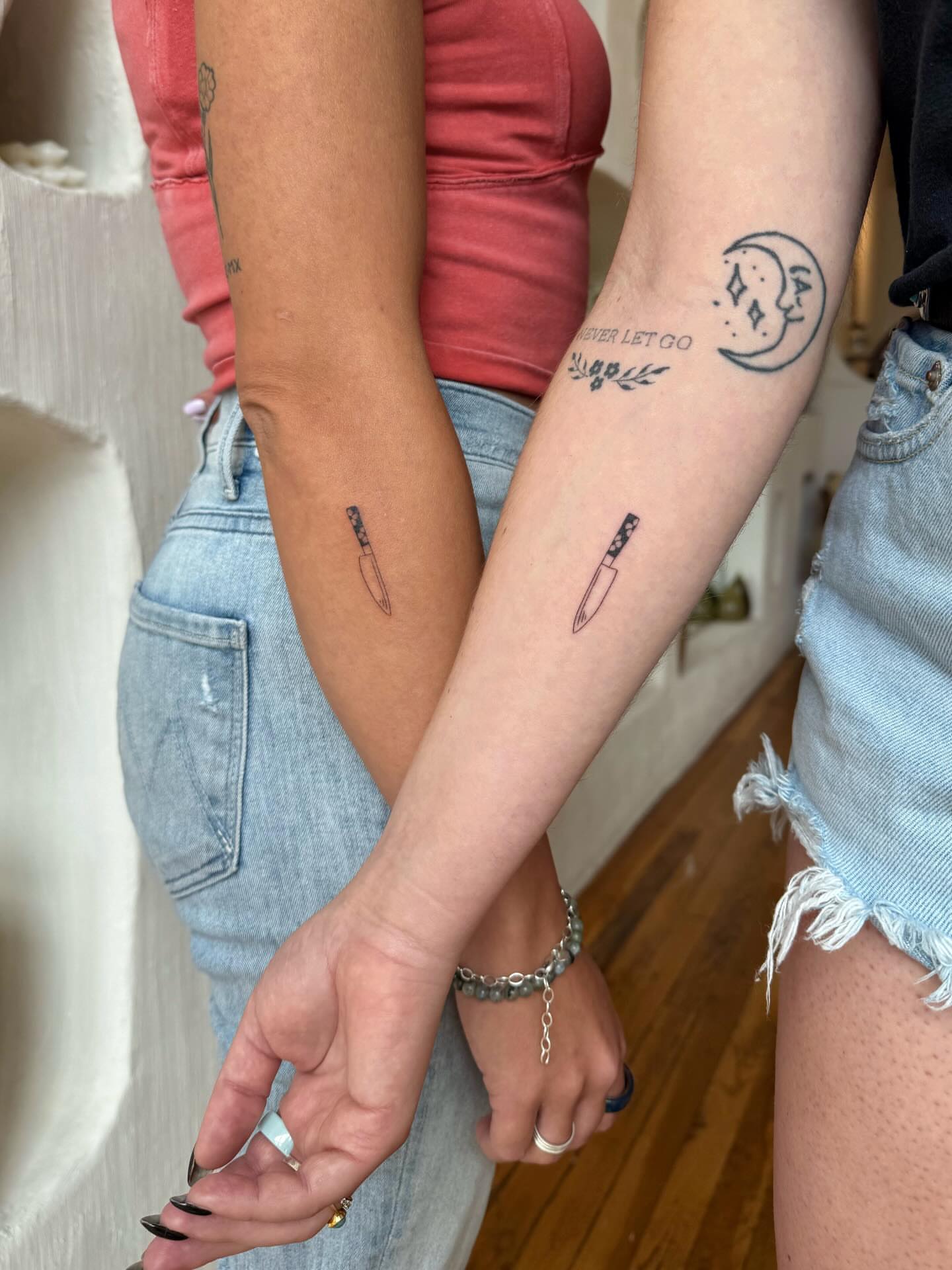 Knife black and grey tattoo on the forearm by Shilo Gold 🍒