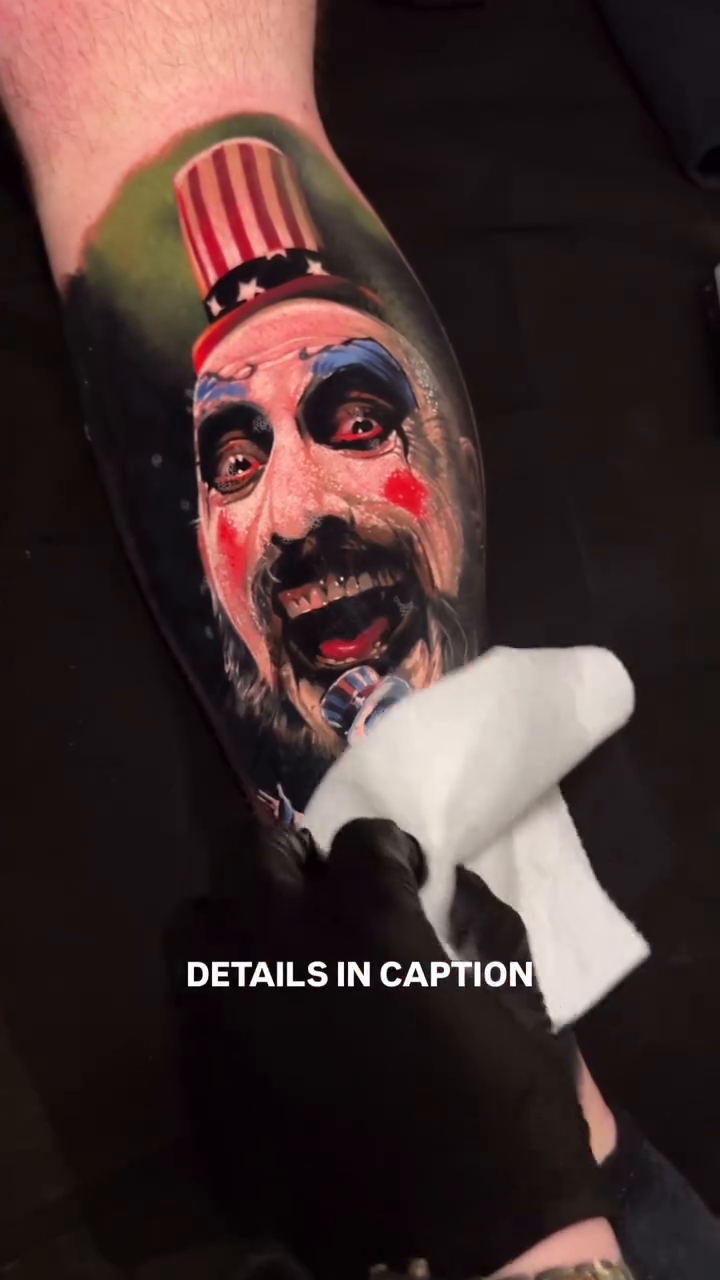 Portrait of Captain Spaulding realism tattoo on the forearm by Alex Moro
