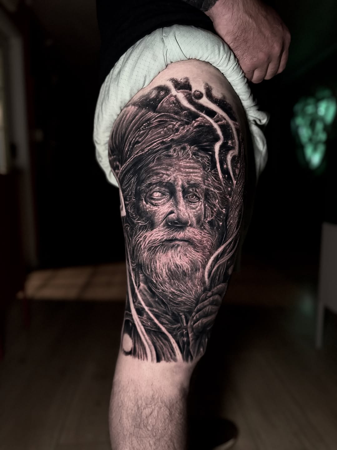 Old man's portrait surrealism tattoo on the forearm by Justin (iam3) Leifeste