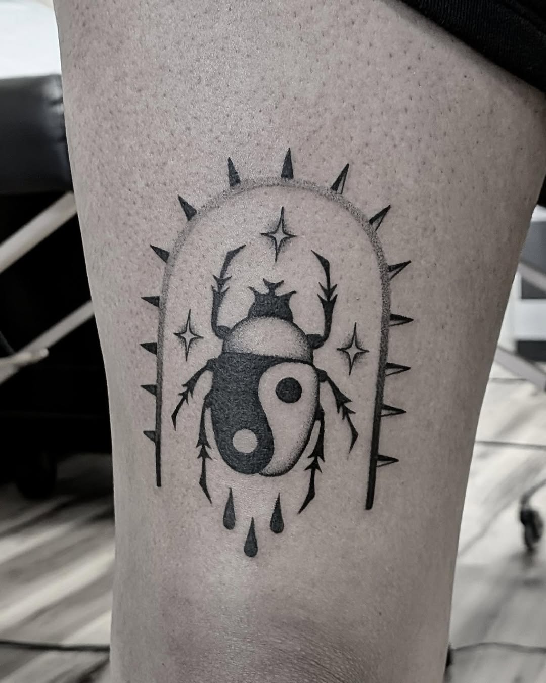 Tattoo by @darkdaystattoos — black_and_grey, geometric