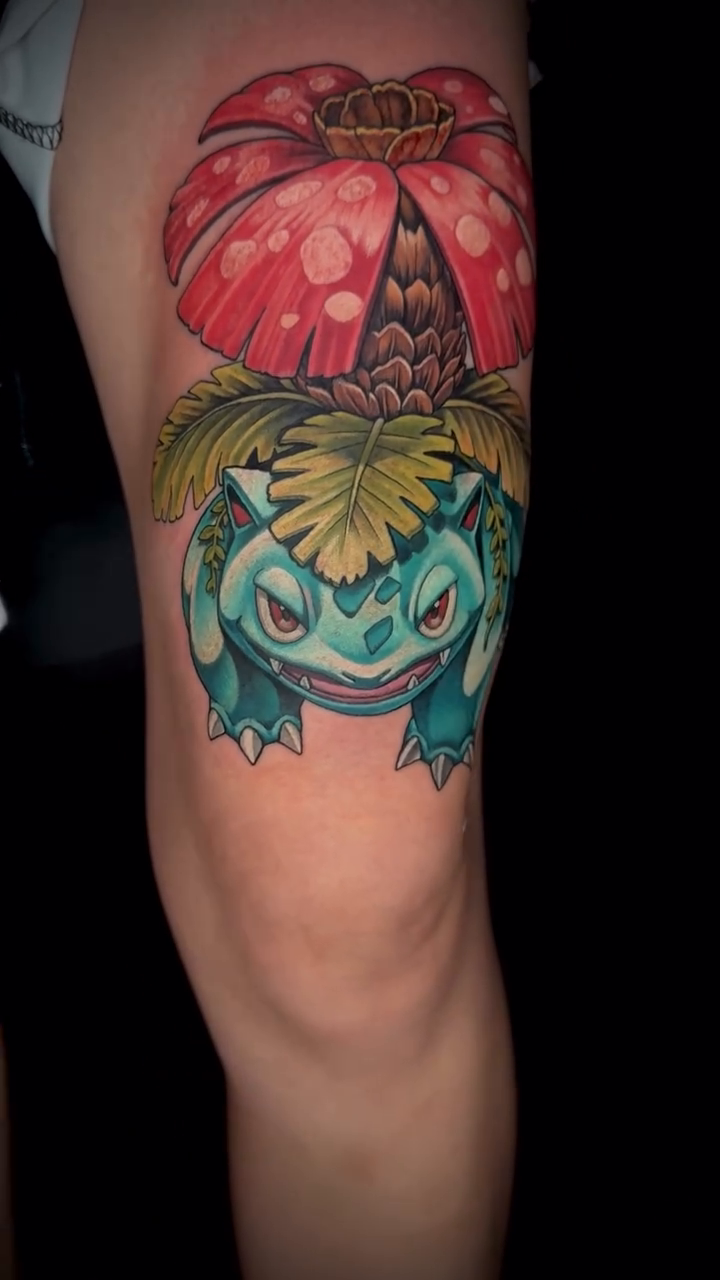 Bulbasaur and Bellsprout tattoo new school tattoo on the forearm by Joshua Orville Vaughn, Kansas City, Missouri