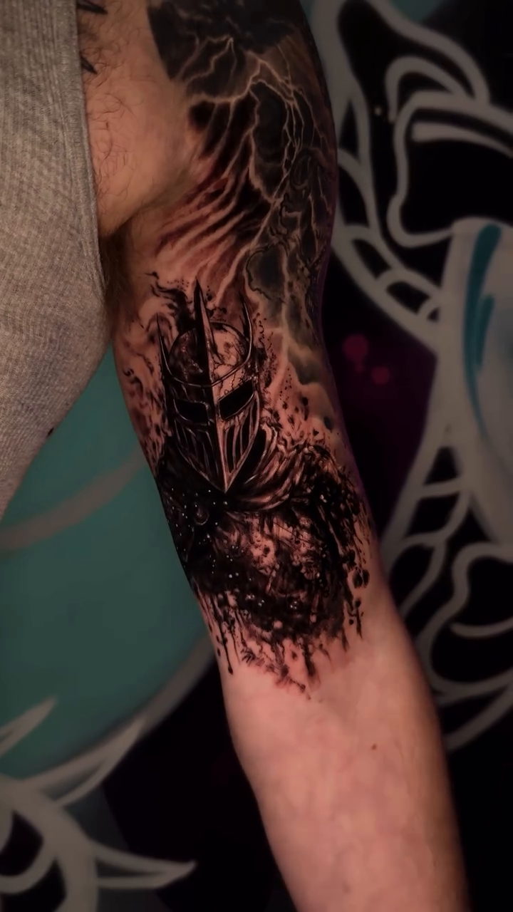 A ship sailing through stormy seas realism tattoo on the forearm by Tony Hernandez, Chicago, Illinois