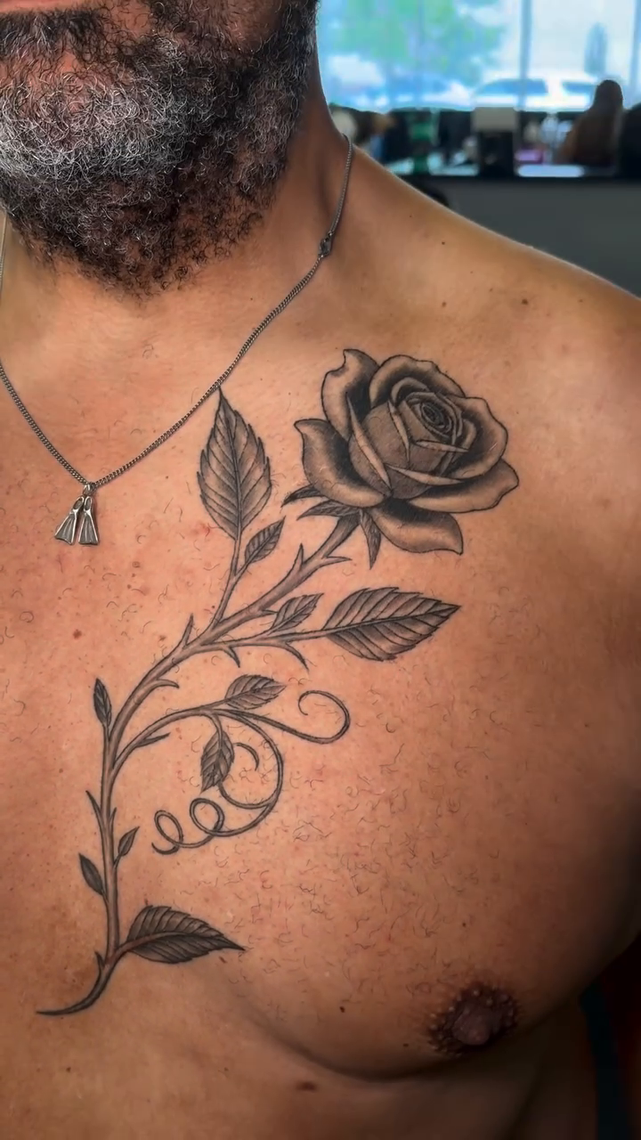 Rose and vine tattoo on chest neo-traditional tattoo on the chest by Rafael Marte, White Plains, New York