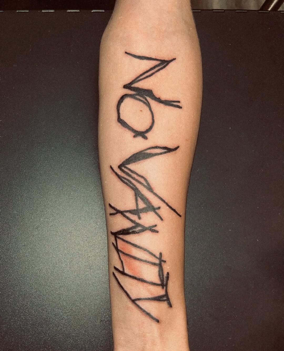 Text cyber sigilism tattoo on the forearm by Alejandro N Duran