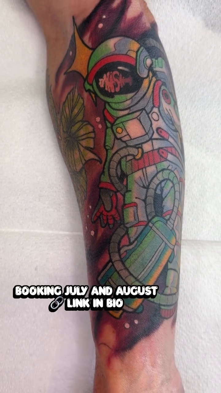 Astronaut with Phish-themed elements neo-traditional tattoo on the forearm by Kiel Ferrari
