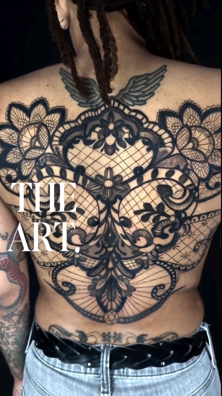 Full back lace tattoo tribal tattoo on the torso by Idalia Pulido
