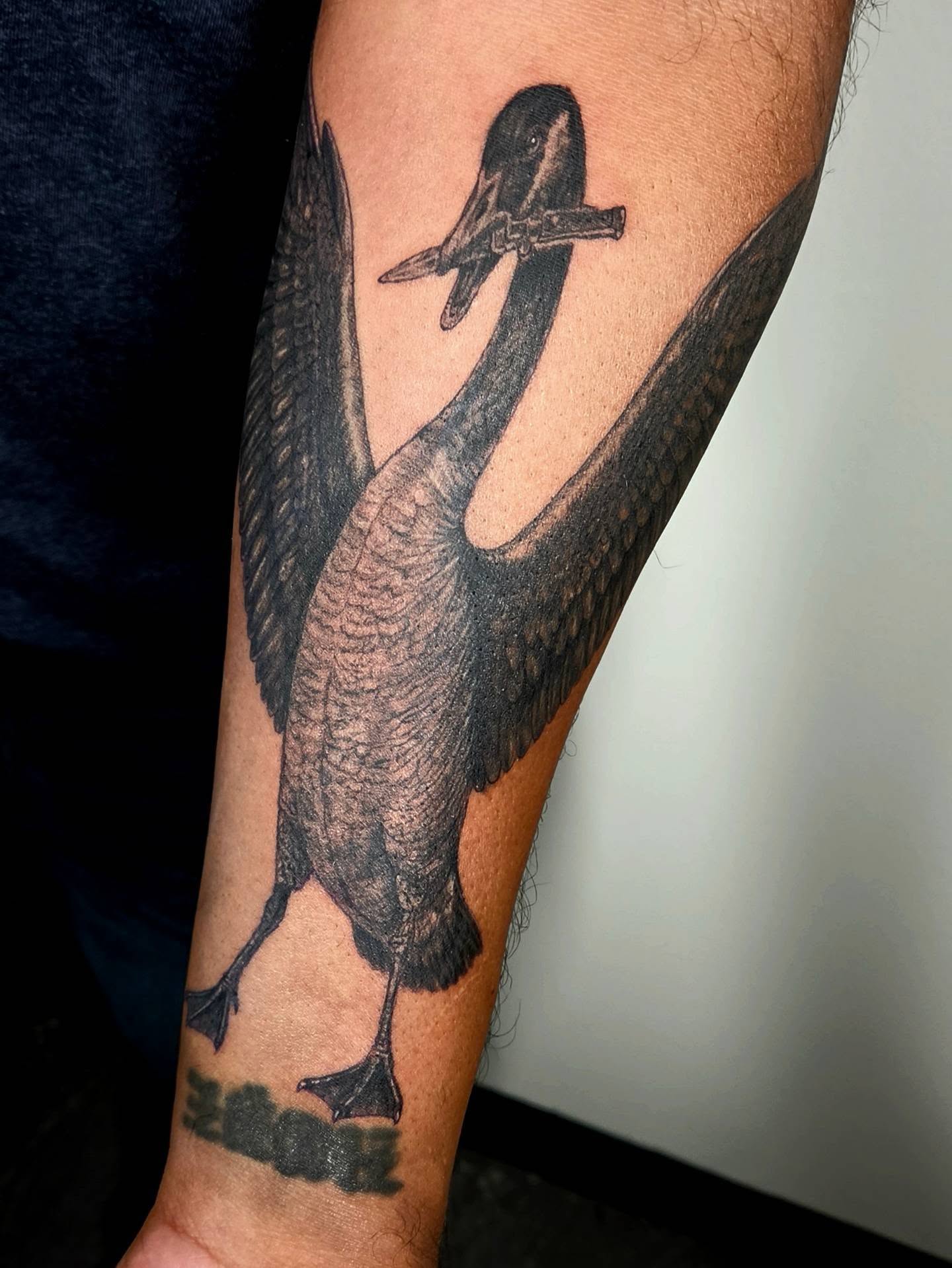 Goose black and grey tattoo on the forearm by ๐๐ฎ๐ป๐ฎ๐ถ๐, Charlotte, North Carolina