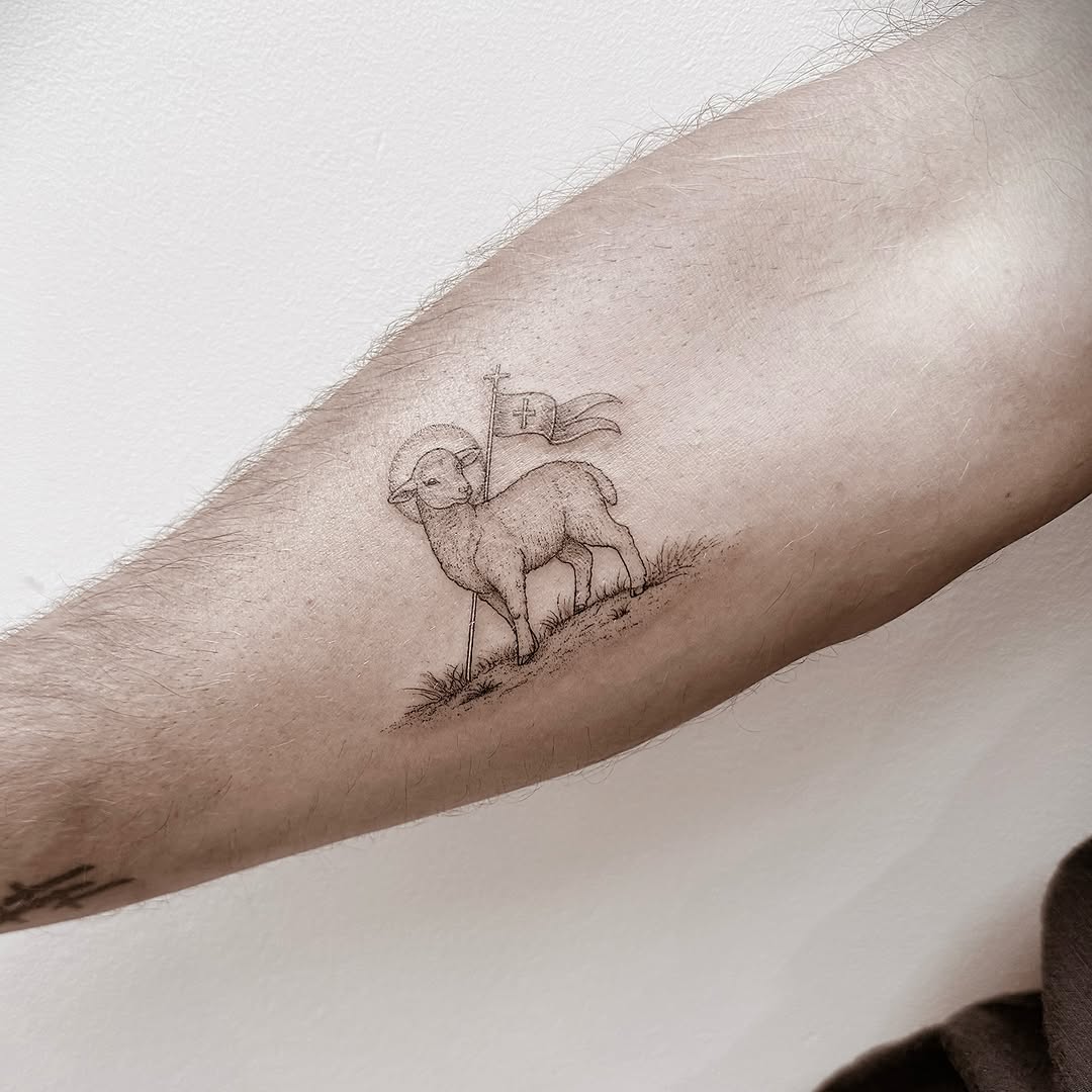 Lamb with flag fine line tattoo on the forearm by Chanel Picquelle, Nashville, Tennessee
