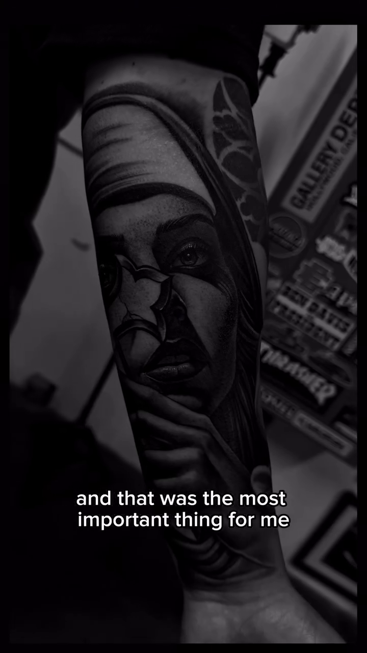 Portrait of a woman Chicano tattoo on the upper arm by Dillinger, Ventura, California