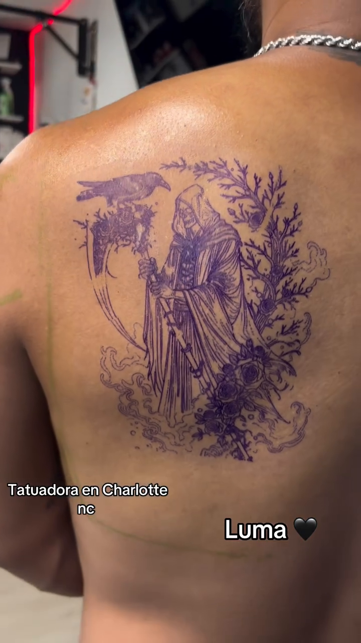 Grim Reaper with raven and foliage sketch tattoo on the back by Tattzbyluma, Charlotte, North Carolina