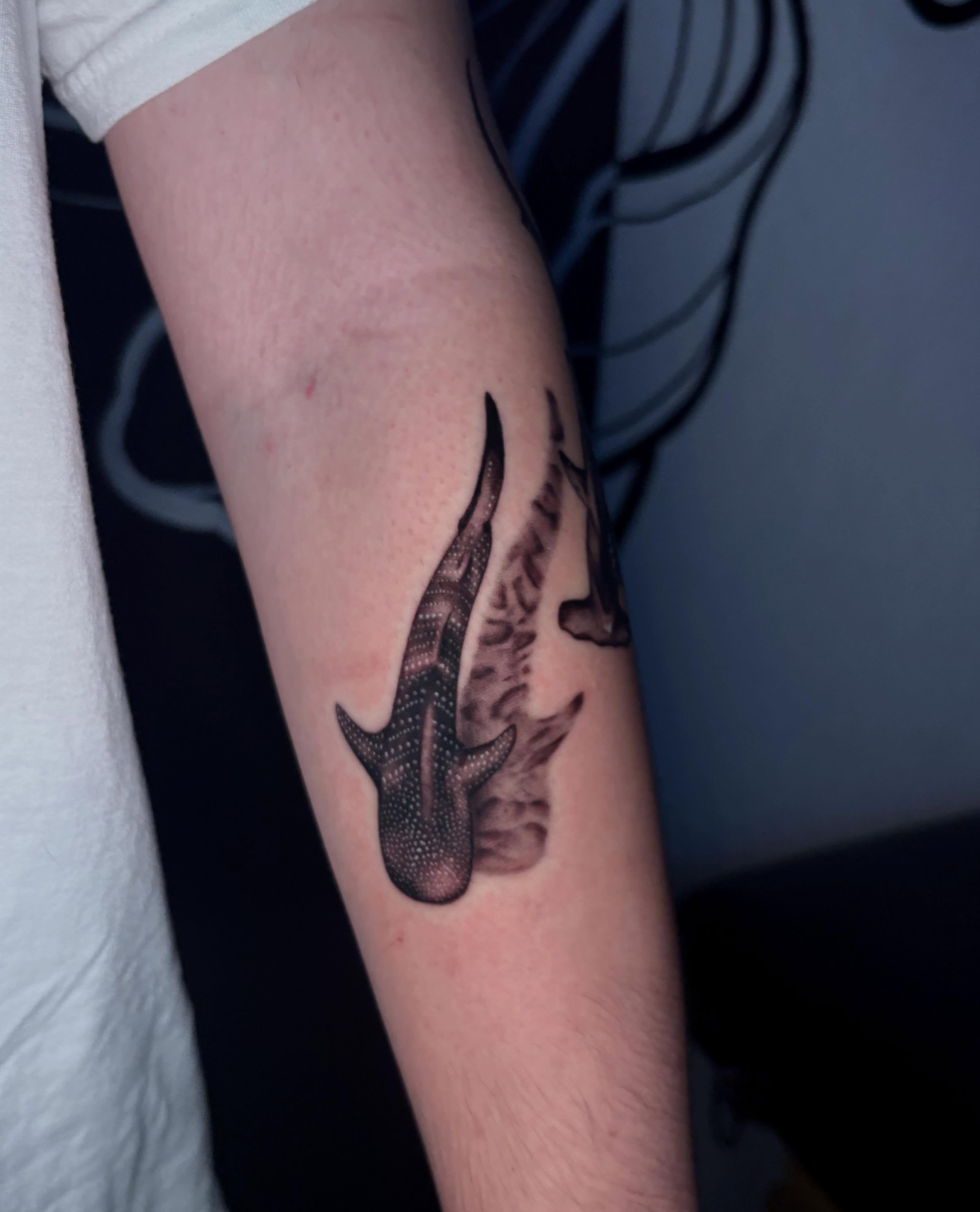 Whale shark dotwork tattoo on the forearm by Jessica Roberts