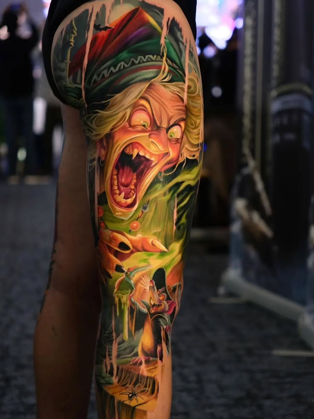 Wicked witch and rat neo-traditional tattoo on the forearm by Hiroto Nguyen, Perth, Western Australia