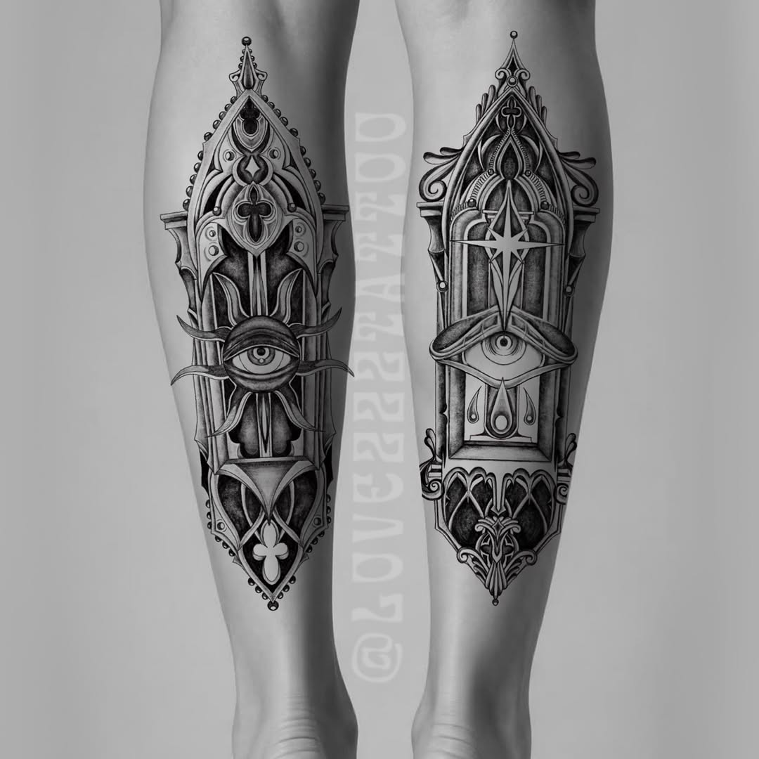 Gothic architectural elements with eyes tattoo on the calf by Love 🥀 222