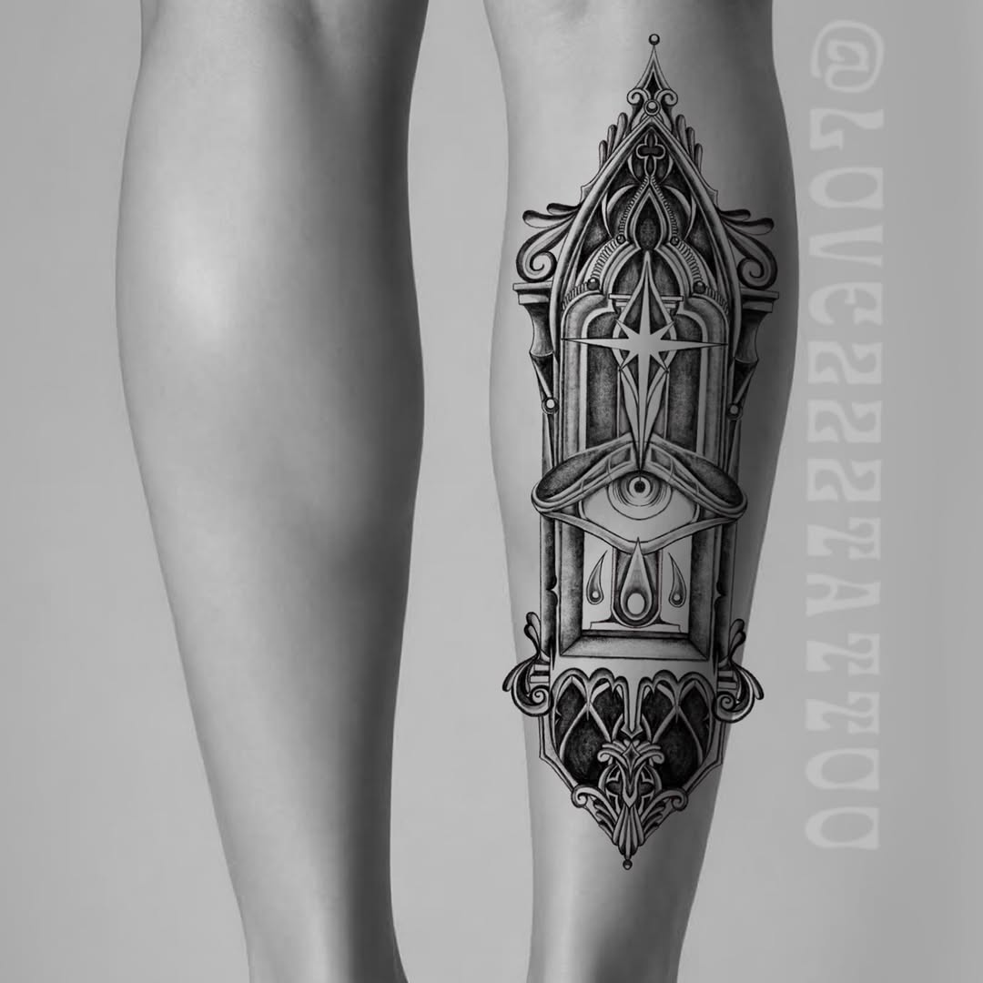 Ornate gothic window with eye tribal tattoo on the calf by Love 🥀 222