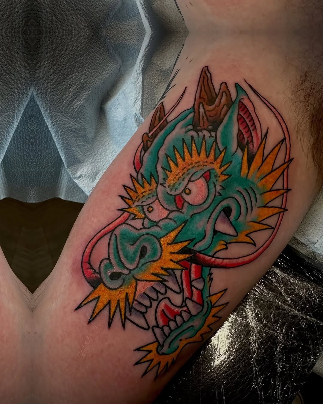 Dragon head American traditional tattoo on the forearm by @jose.phinelynch