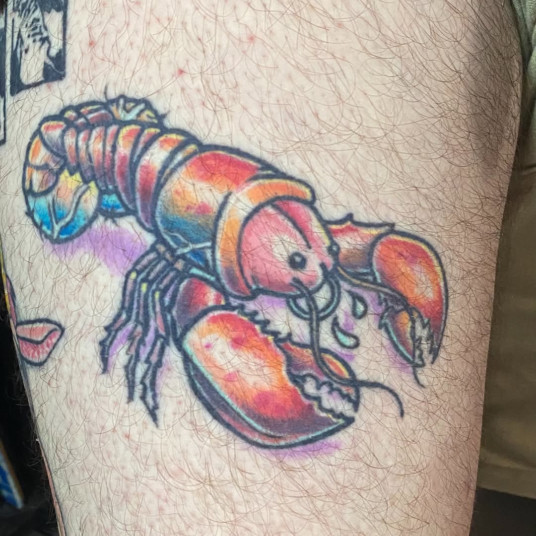 Lobster new school tattoo on the thigh by julia seizure - tattooist