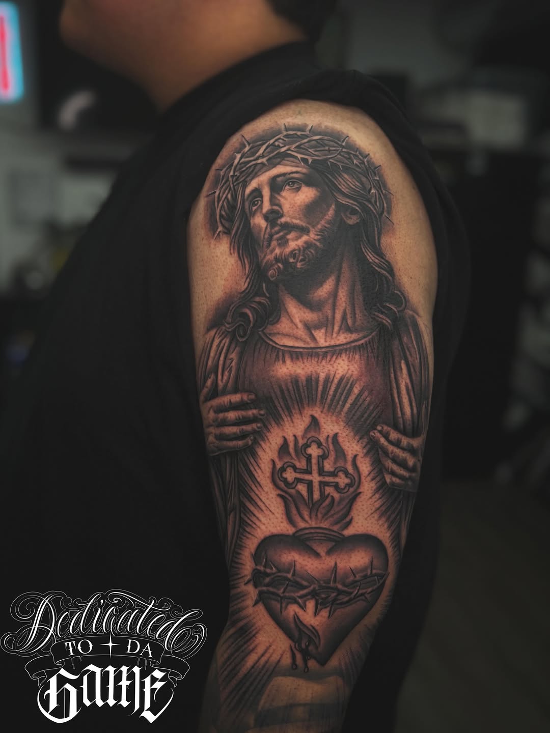 Jesus Christ and Sacred Heart Chicano tattoo on the shoulder by LOS