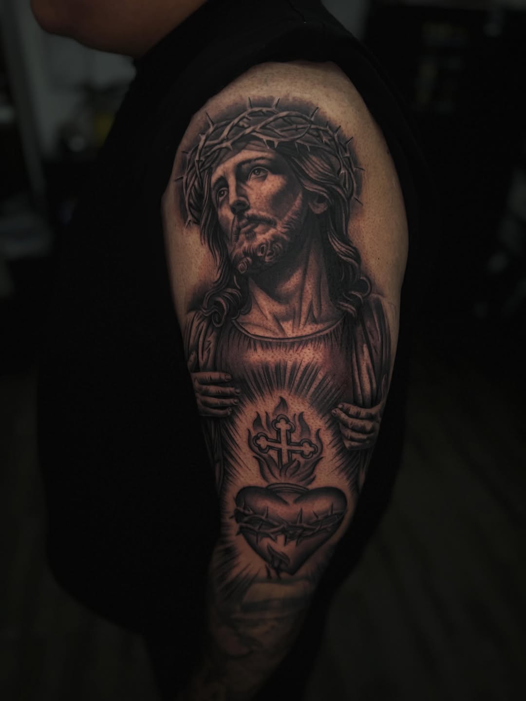 Jesus Christ and Sacred Heart realism tattoo on the shoulder by LOS