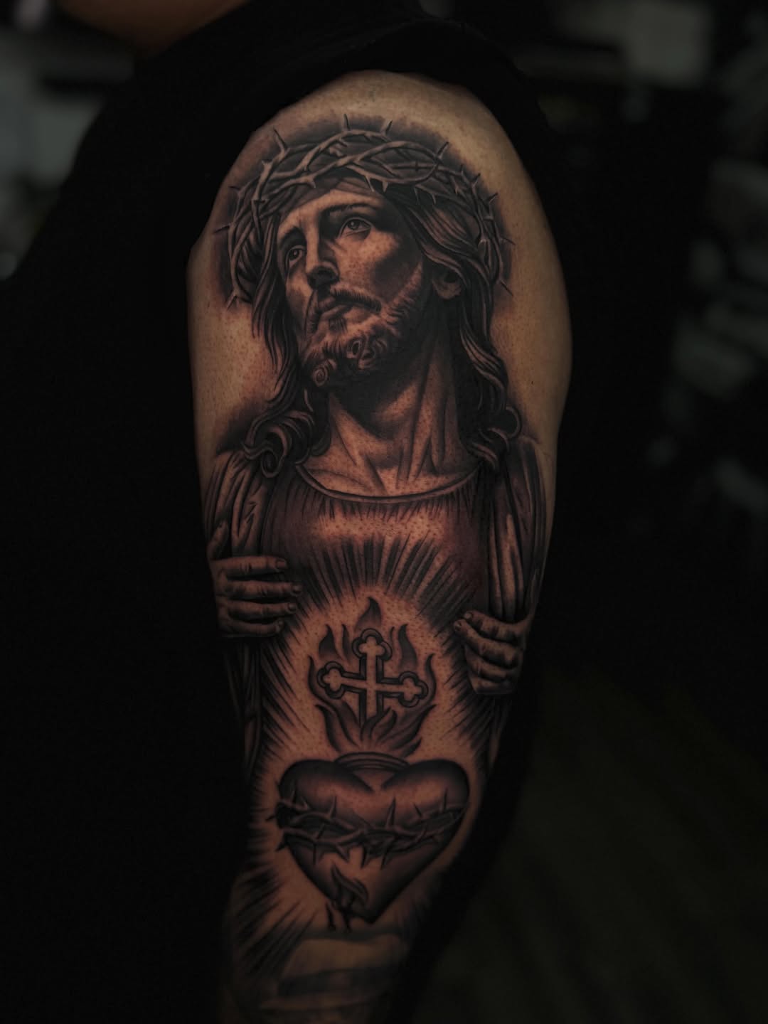Jesus Christ with Sacred Heart realism tattoo on the shoulder by LOS