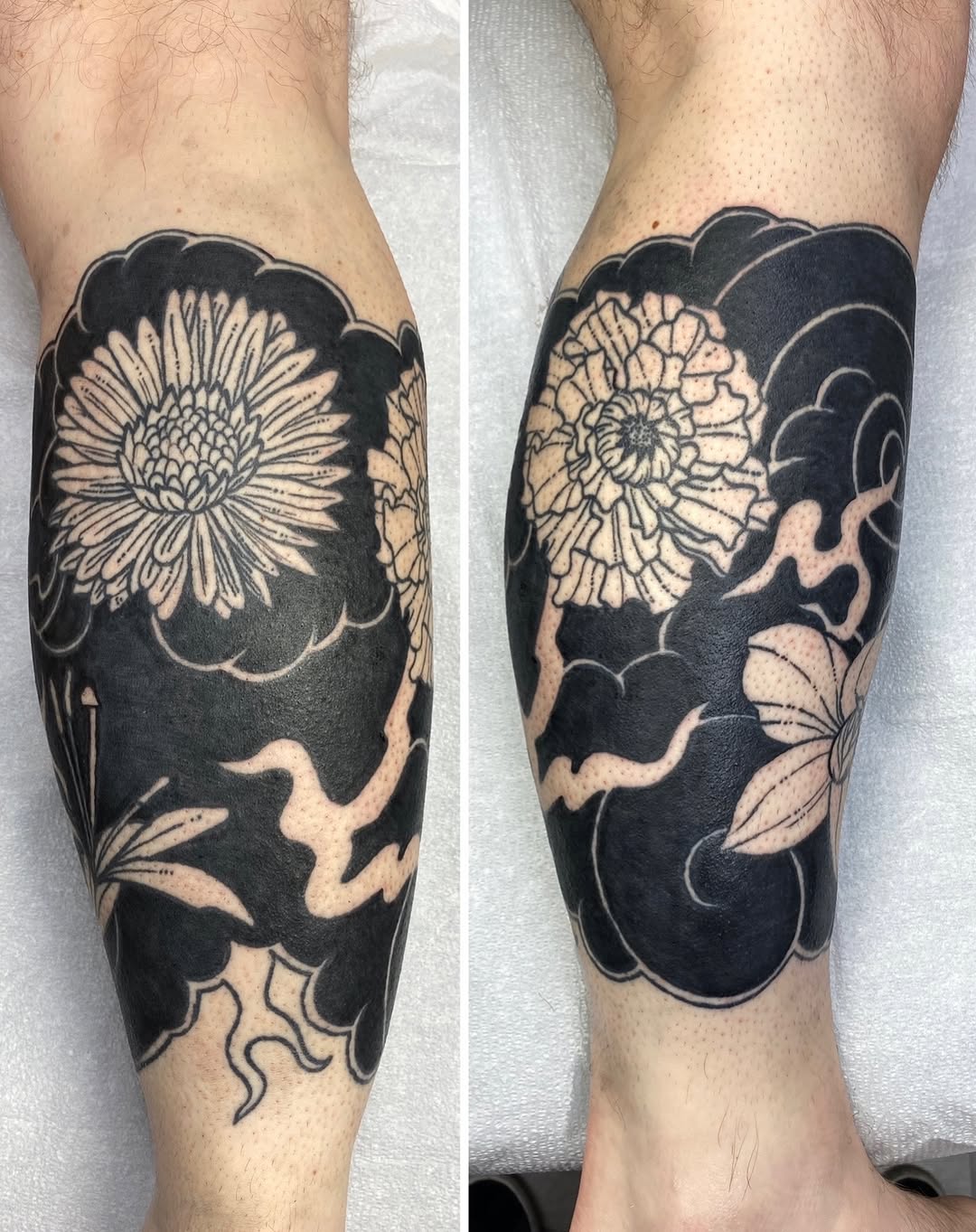 Chrysanthemum flowers and clouds Japanese tattoo on the calf by Mike Gorman - Portland Maine Tattoo Artist, Portland, Maine