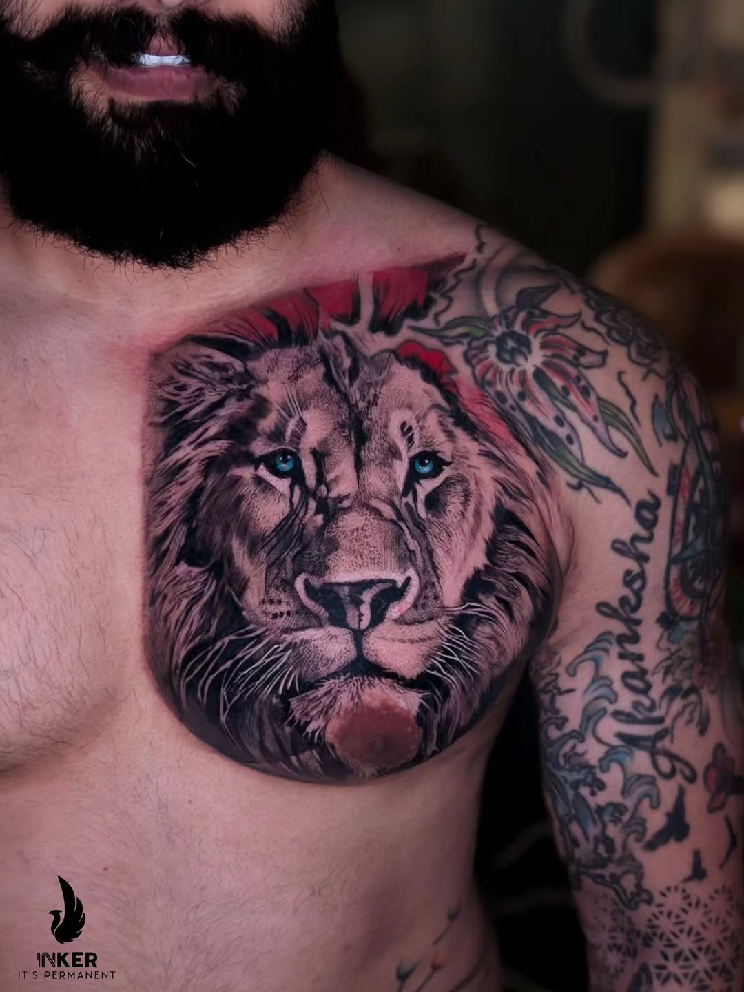 Lion portrait realism tattoo on the chest by Shubhadeep Mukherjee