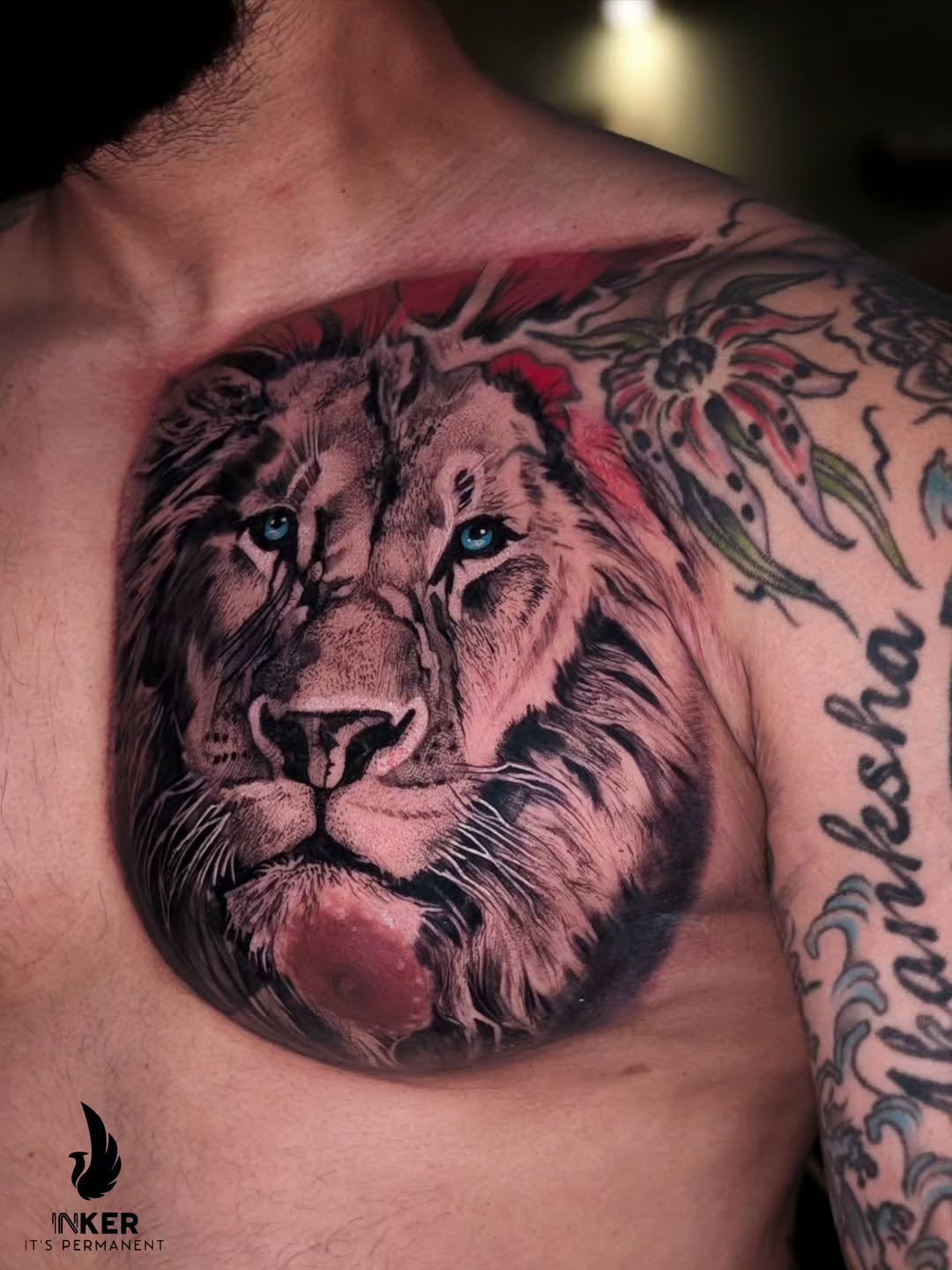 Lion portrait realism tattoo on the chest by Shubhadeep Mukherjee
