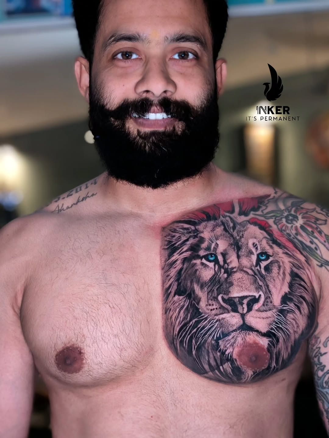 Lion portrait realism tattoo on the chest by Shubhadeep Mukherjee