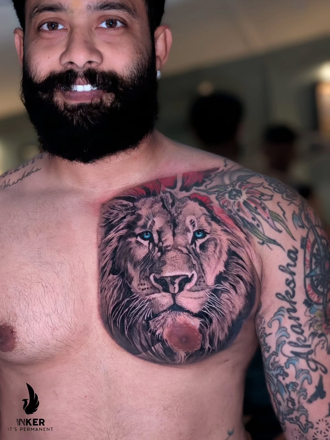 Lion portrait realism tattoo on the chest by Shubhadeep Mukherjee